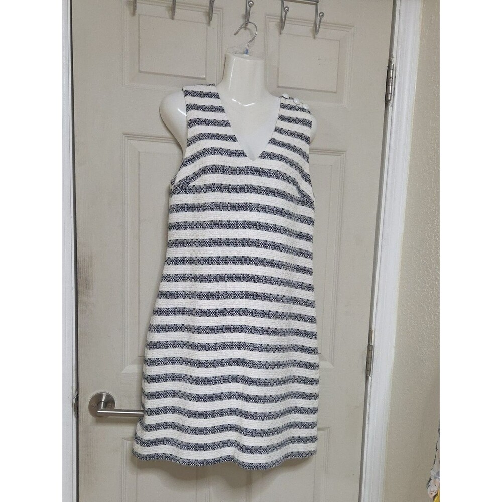 J.Crew Striped Tweed Sheath Dress Size 10 White Blue V-Neck Sleeve.